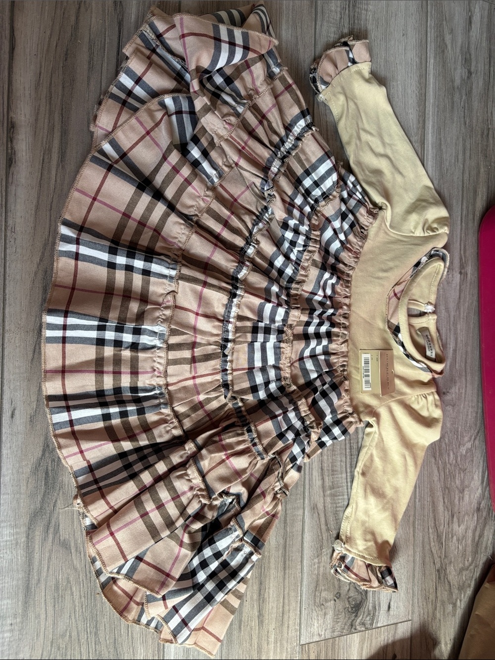Burberry Beige Plaid Ruffle Dress with Cream Bodice